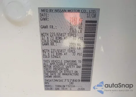 2019 Nissan Rogue Sv from USA, damaged, VIN 5N1AT2MV1KC757869